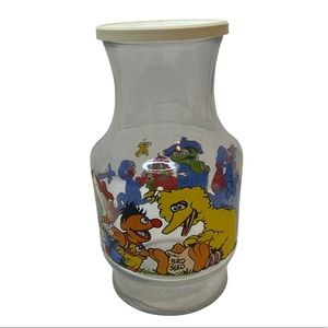 Vintage Sesame Street Glass Pitcher Carafe Big Bird Cookie Monster Anchor + Lid